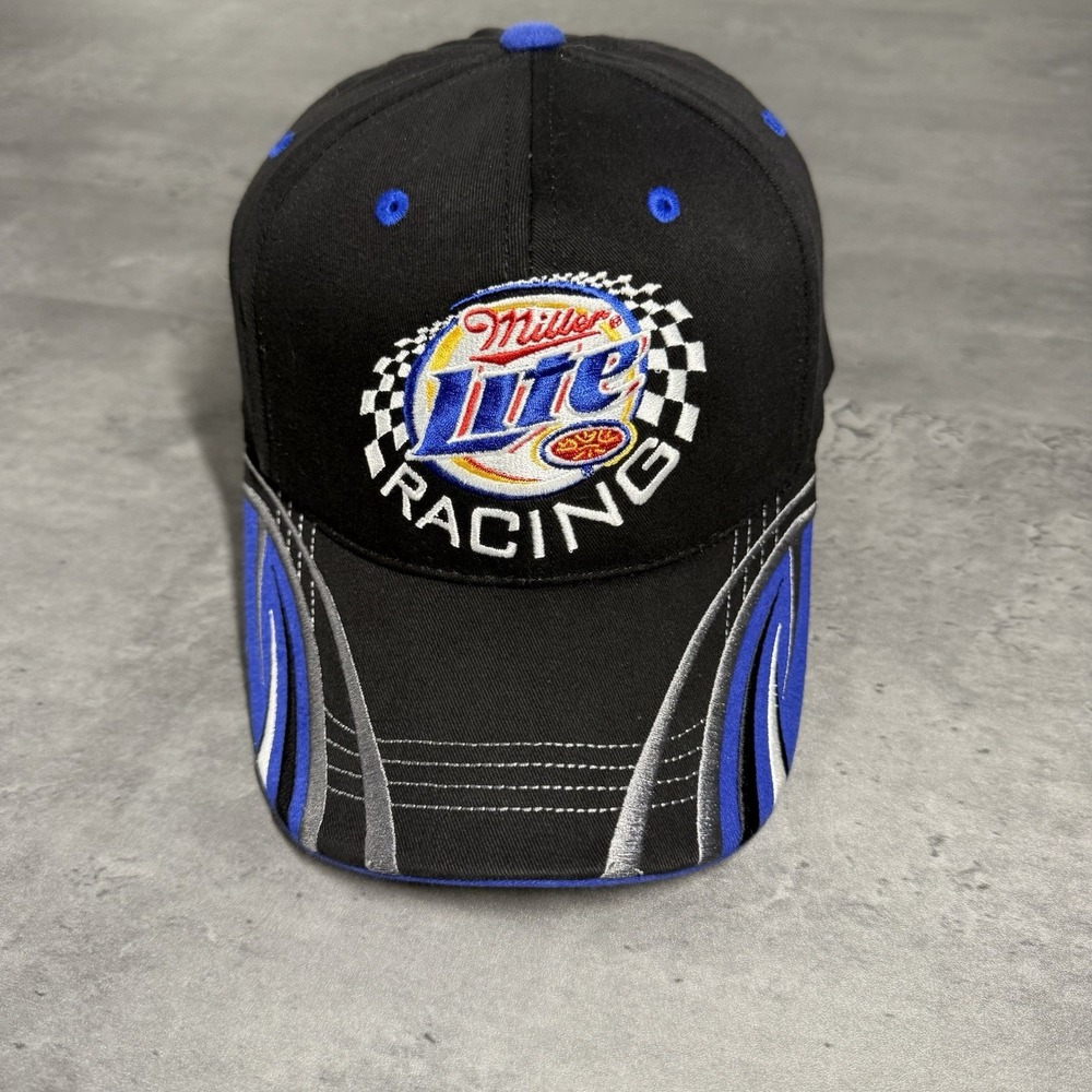 Vintage 90s Kurt Busch Hat Black Blue Miller Lite Racing Team Hat Stripe Stitch
